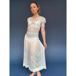 Vintage 1930s Hungarian Embroidered Blue & White Dress